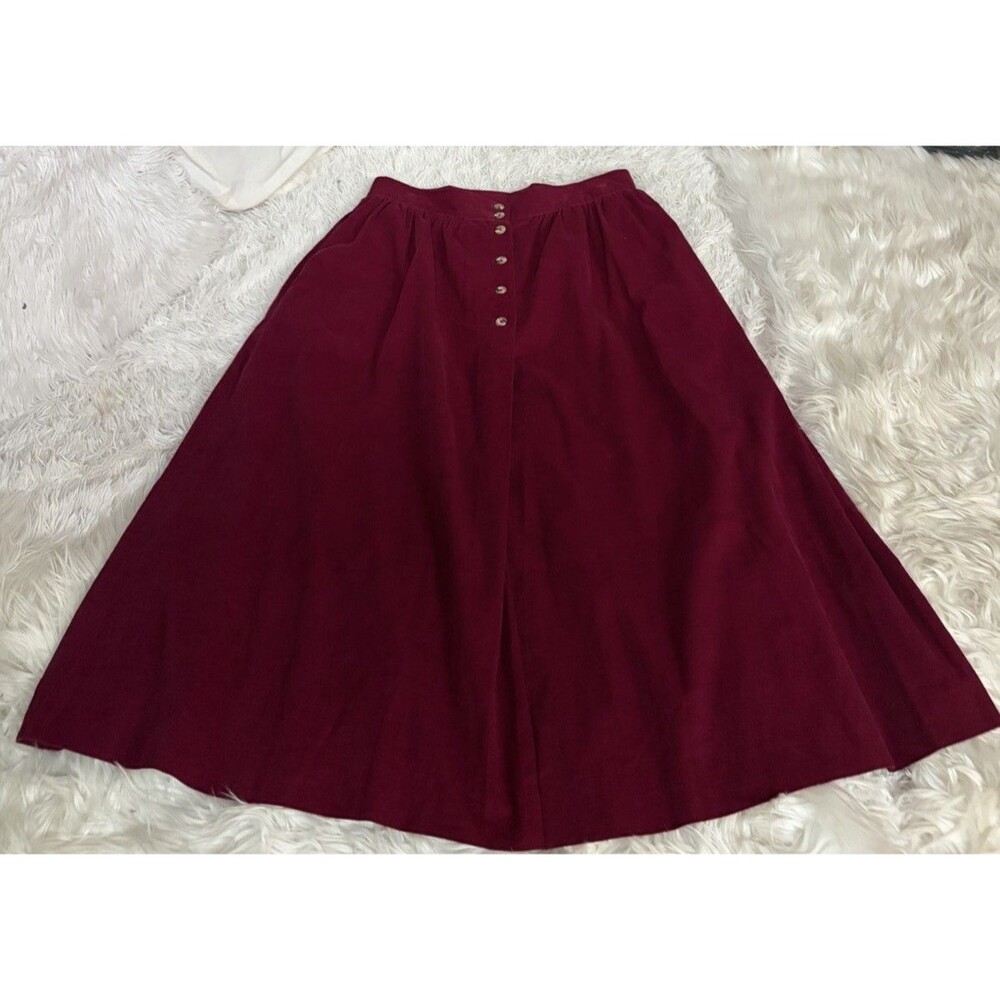 VNTG Lands End Button Front Midi Skirt 18 Burgundy Corduroy Pockets Cottagecore